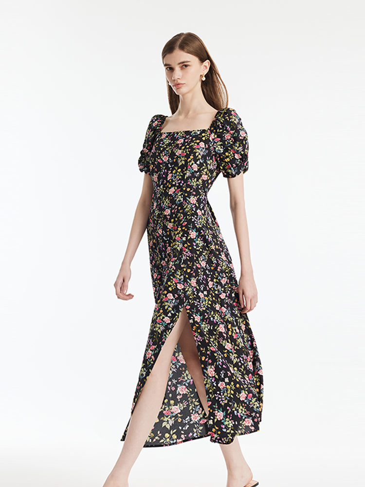 Mulberry Silk Rose Print Women Maxi Dress