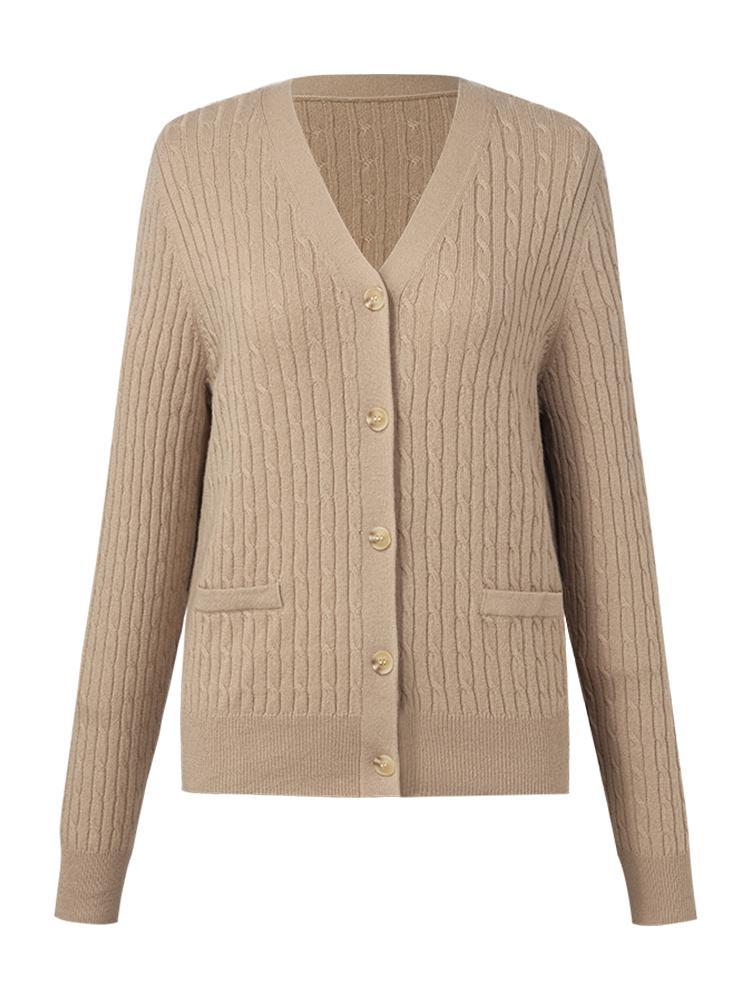 Camel Pure Cashmere V-Neck Cable Knit Women Cardigan