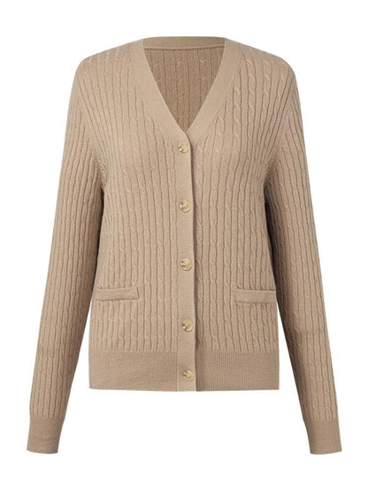 Camel Pure Cashmere V-Neck Cable Knit Women Cardigan