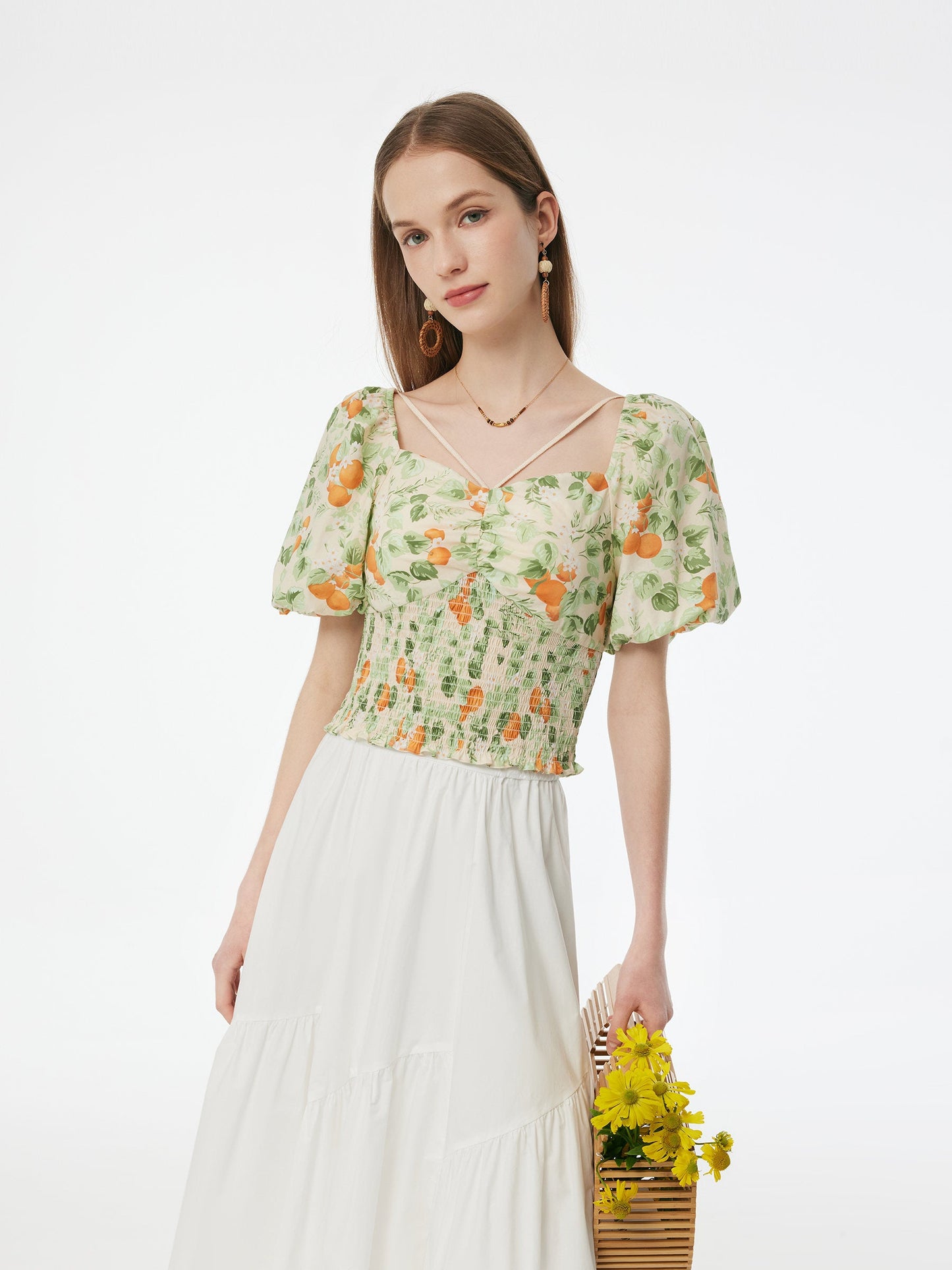 Cotton Floral Print Women Smocked Top