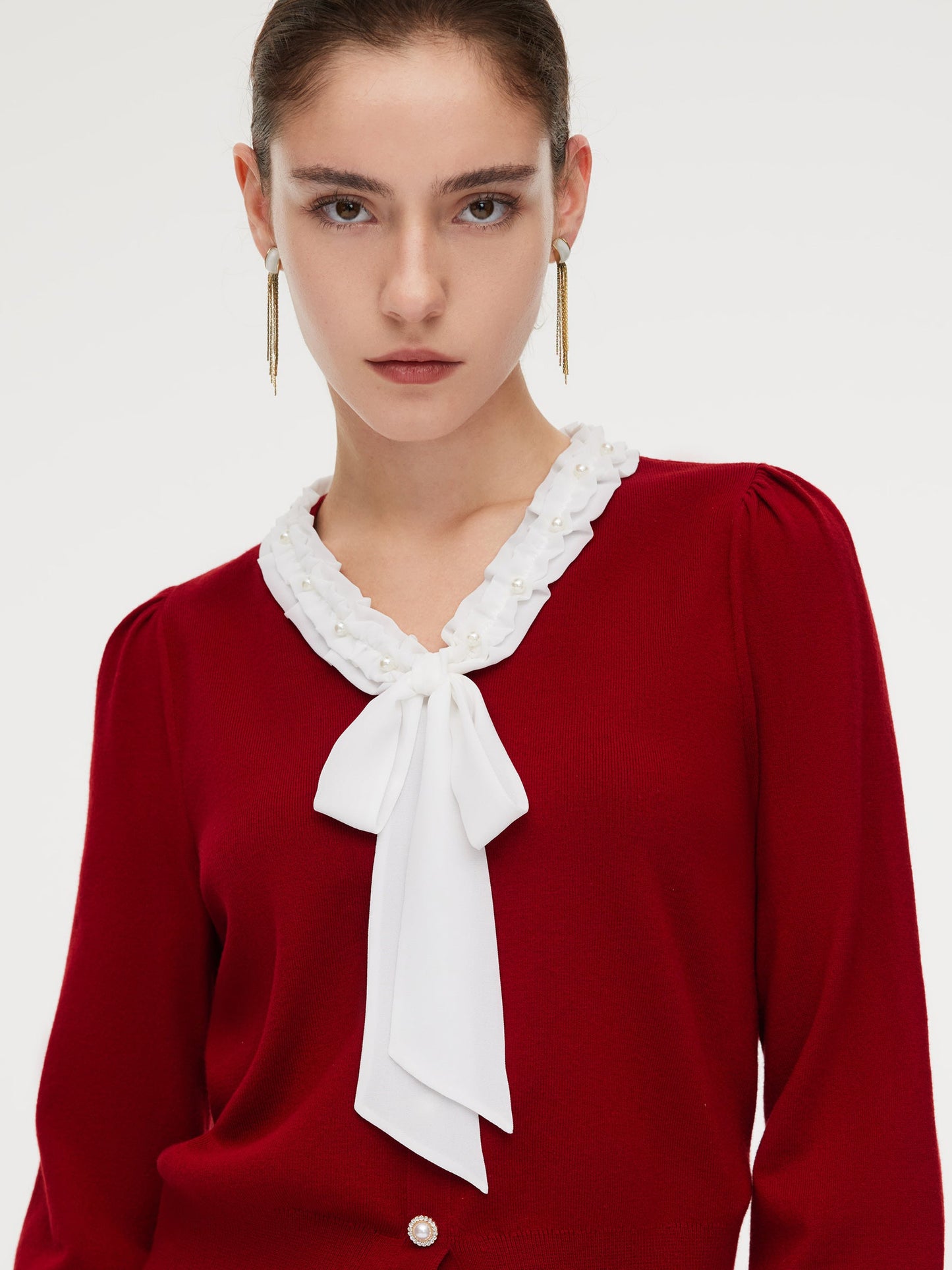 Knit Top And Velvet Pleated Skirt Two-Piece Set With Detachable Ribbon