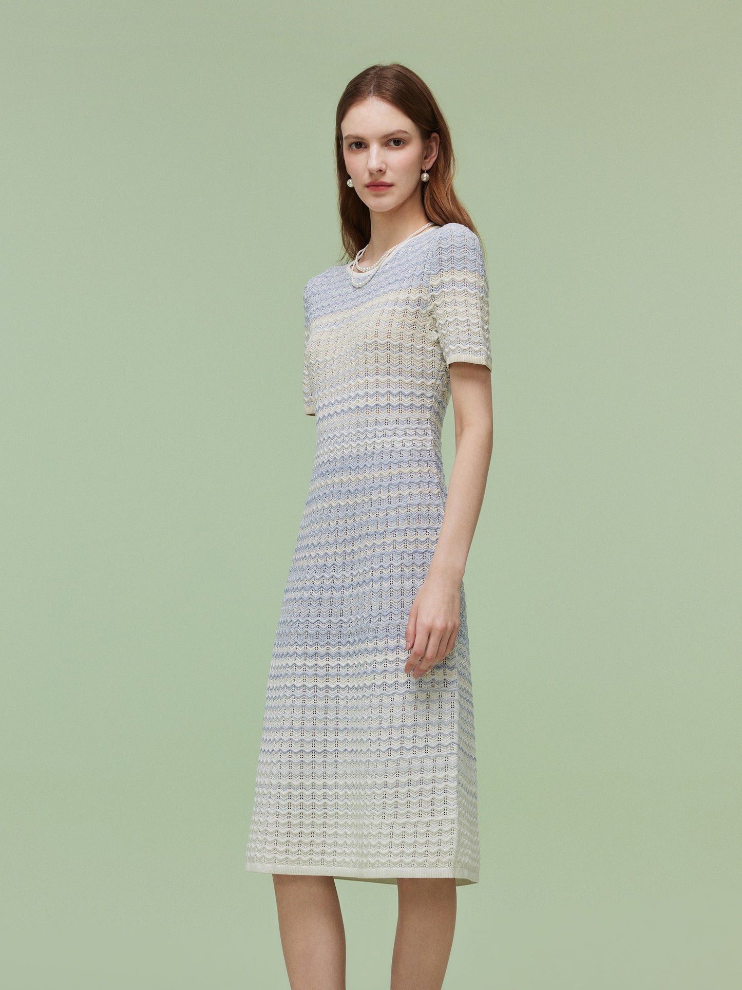 Blue And White Gradient Women Knit Midi Dress
