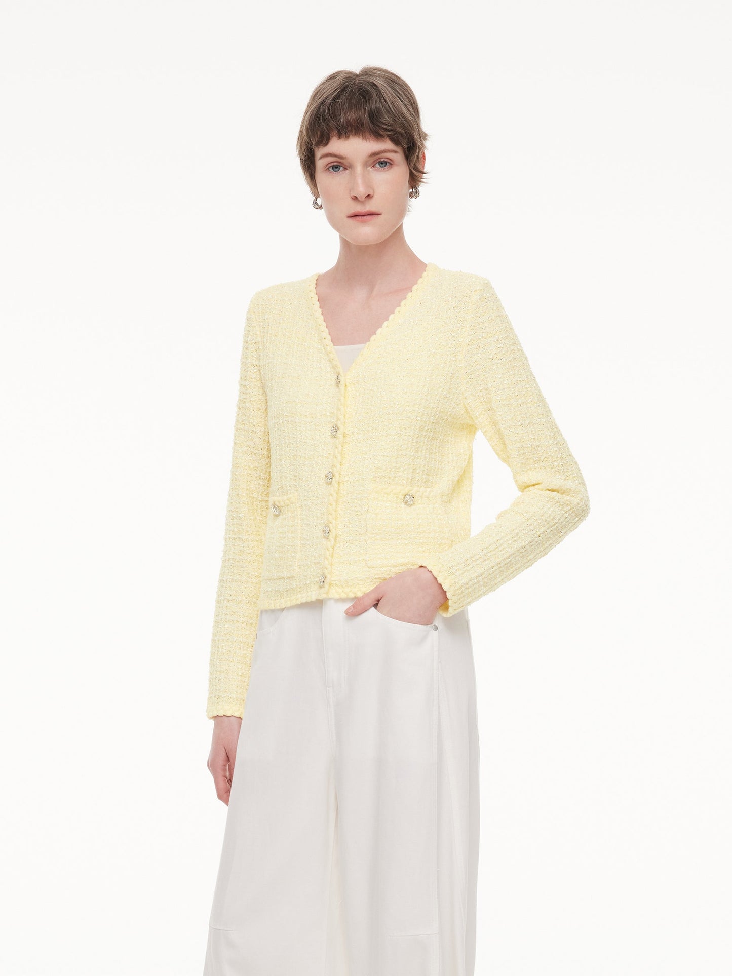 V-Neck Single-Breasted Women Textured Cardigan