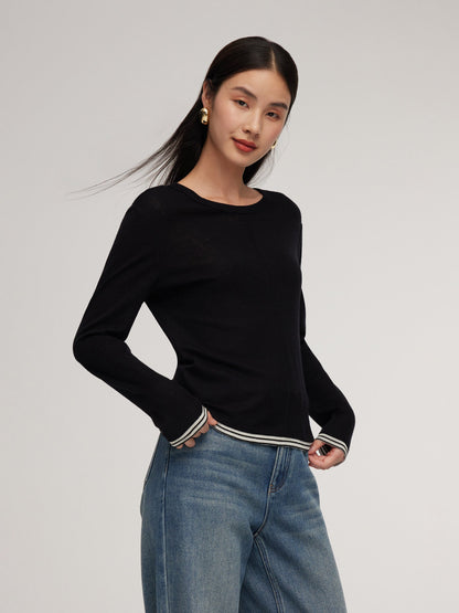 100% Wool Contrast Trim Women Knit Top