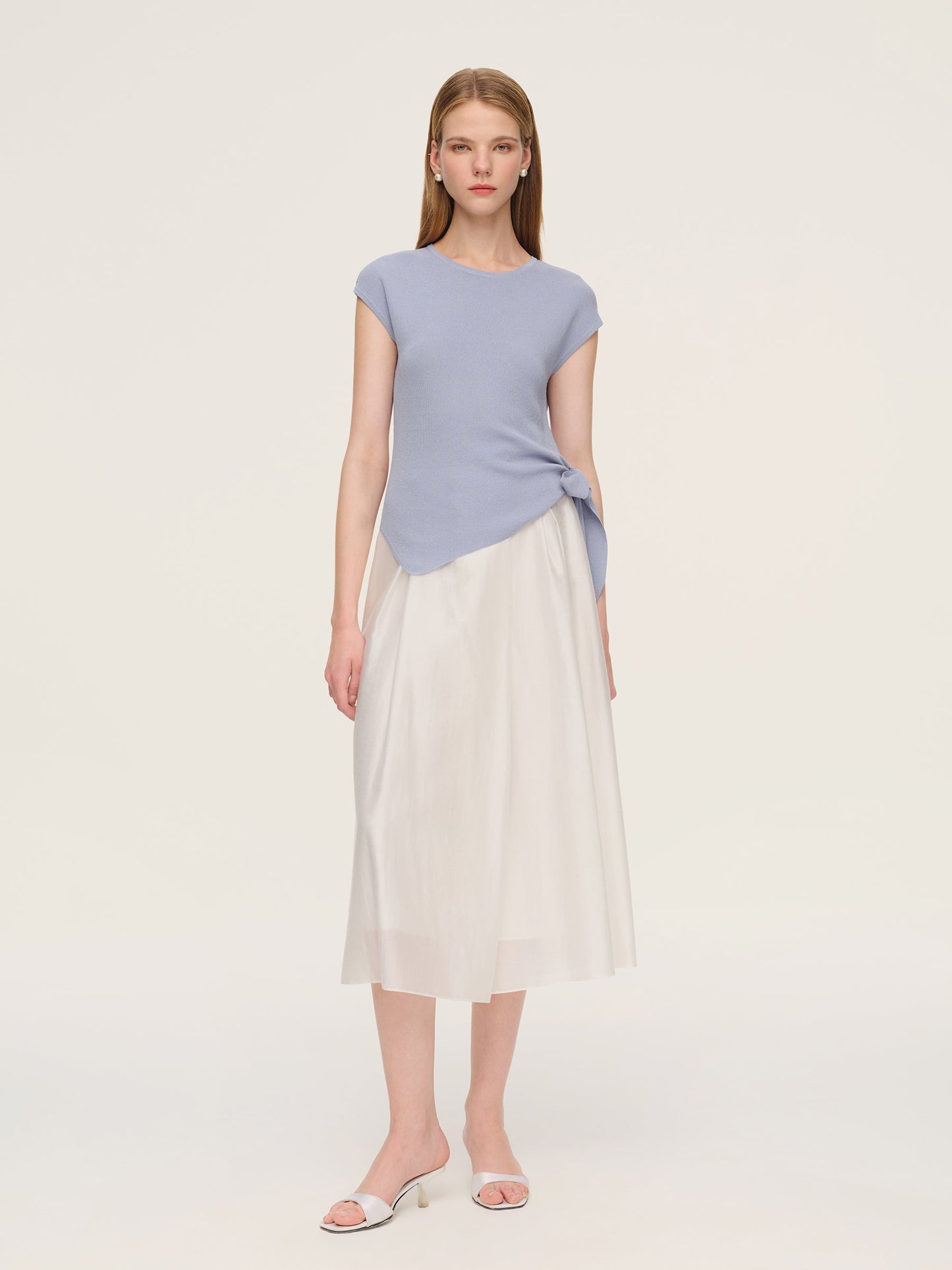 Tencel Blend Asymmetrical Hem Women Knit Top With Ribbon