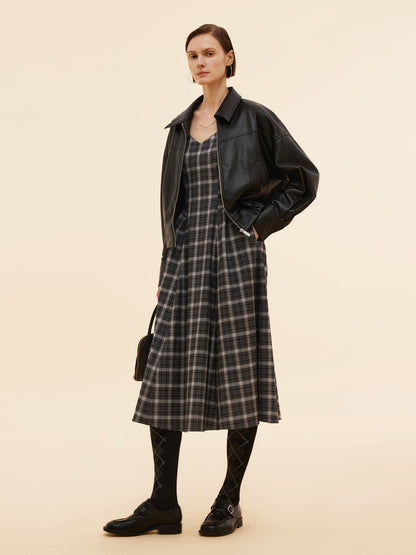 Black And Grey Plaid Women Strap Midi Dress