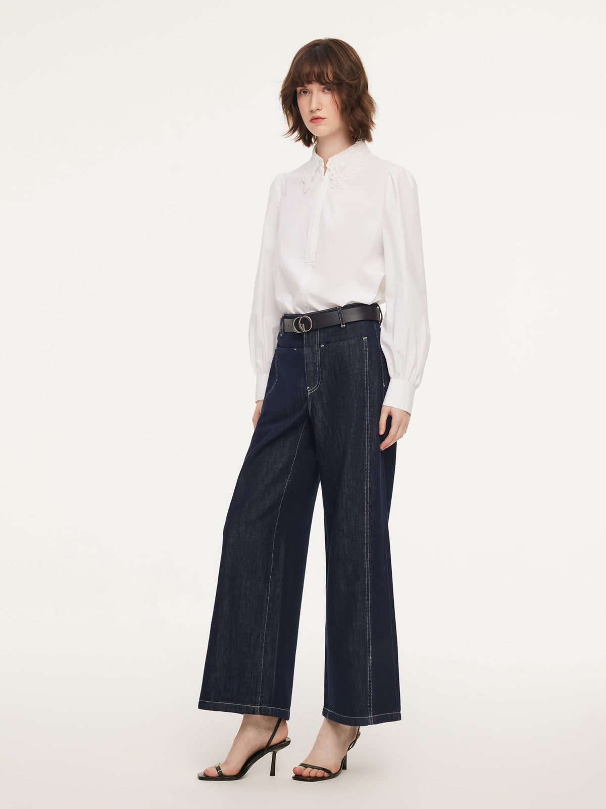 Lyocell Blend Denim Paneled Seam Women Wide Leg Jeans With Belt