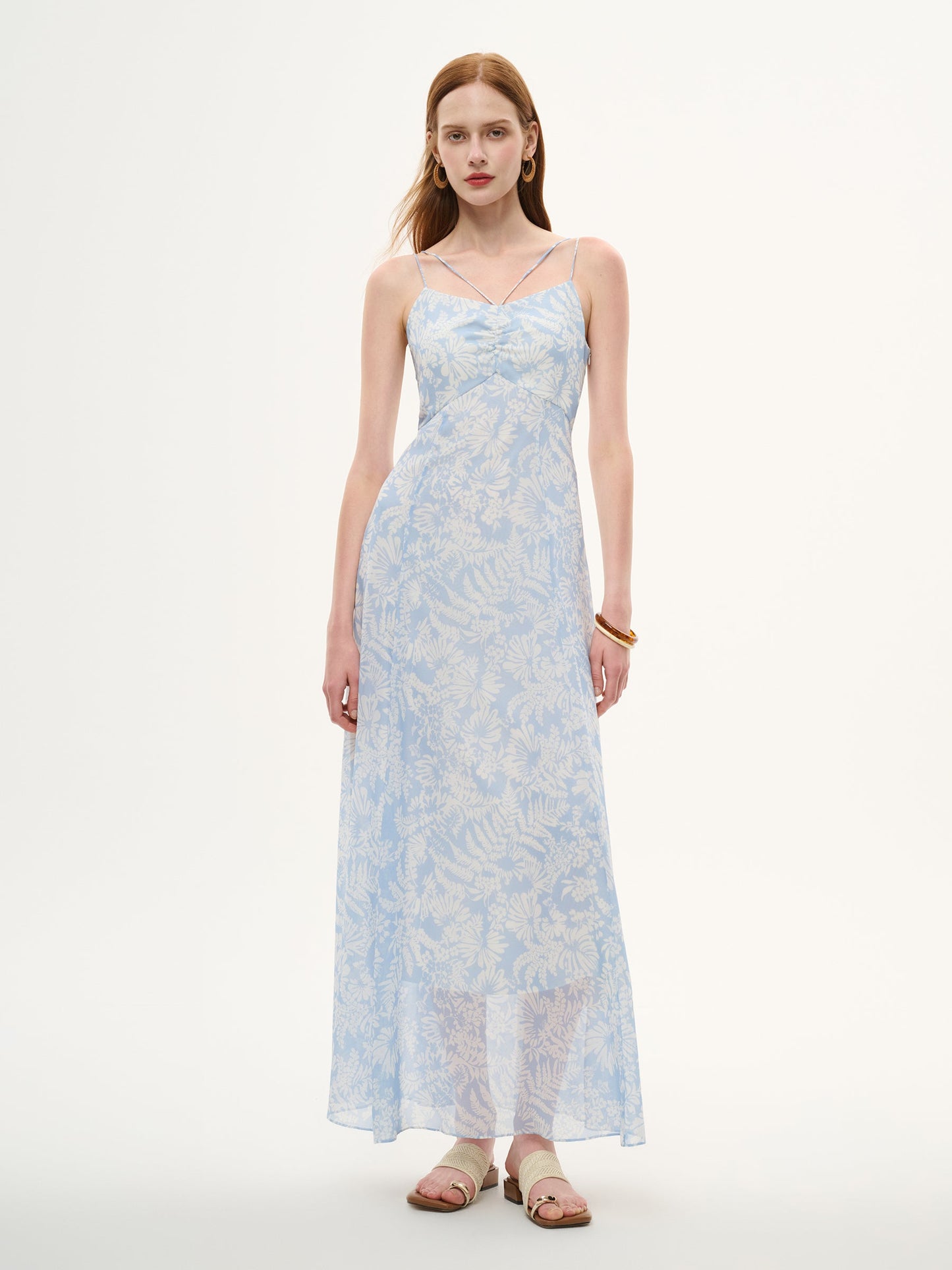 10MM Mulberry Silk Floral Print Women Strap Maxi Dress