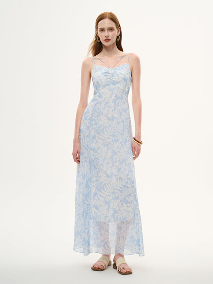 10MM Mulberry Silk Floral Print Women Strap Maxi Dress