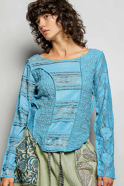 POL Round Neck Long Sleeve Exposed Seam Top with Lace Detail