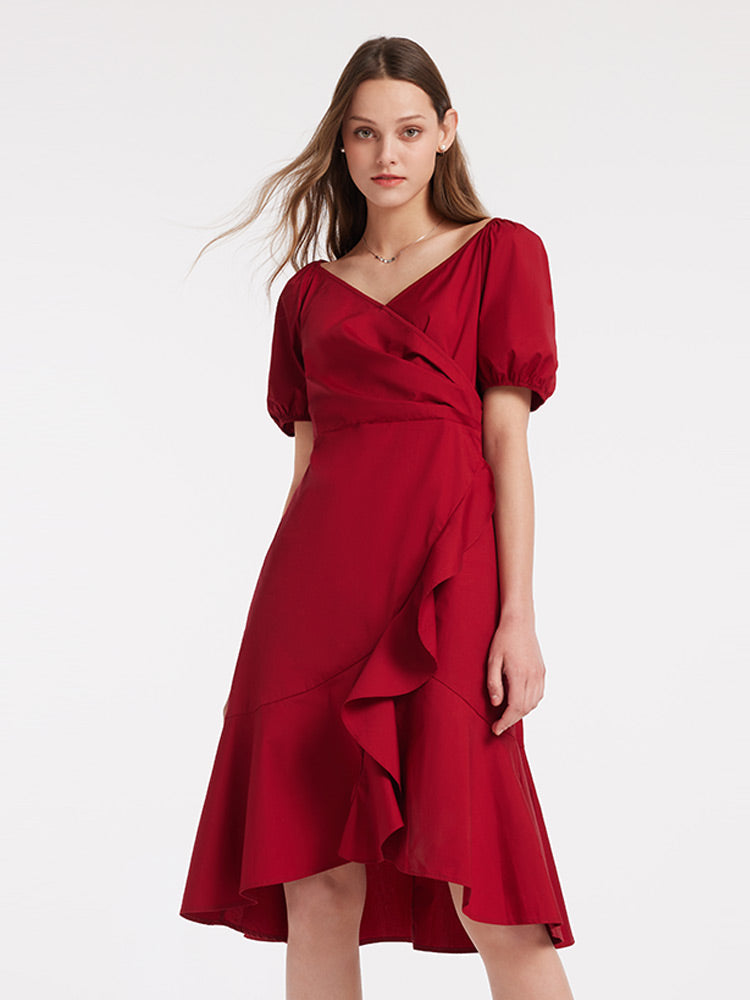 V-Neck Ruffle Cotton Midi Dress