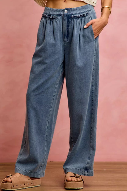 SO ME Mid Rise Ruffled Front Elastic Wide Leg Jeans