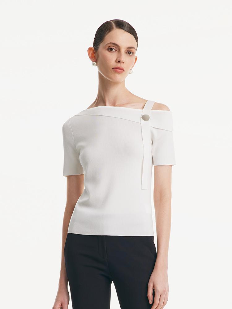White Acetate One Shoulder Women Knit Top