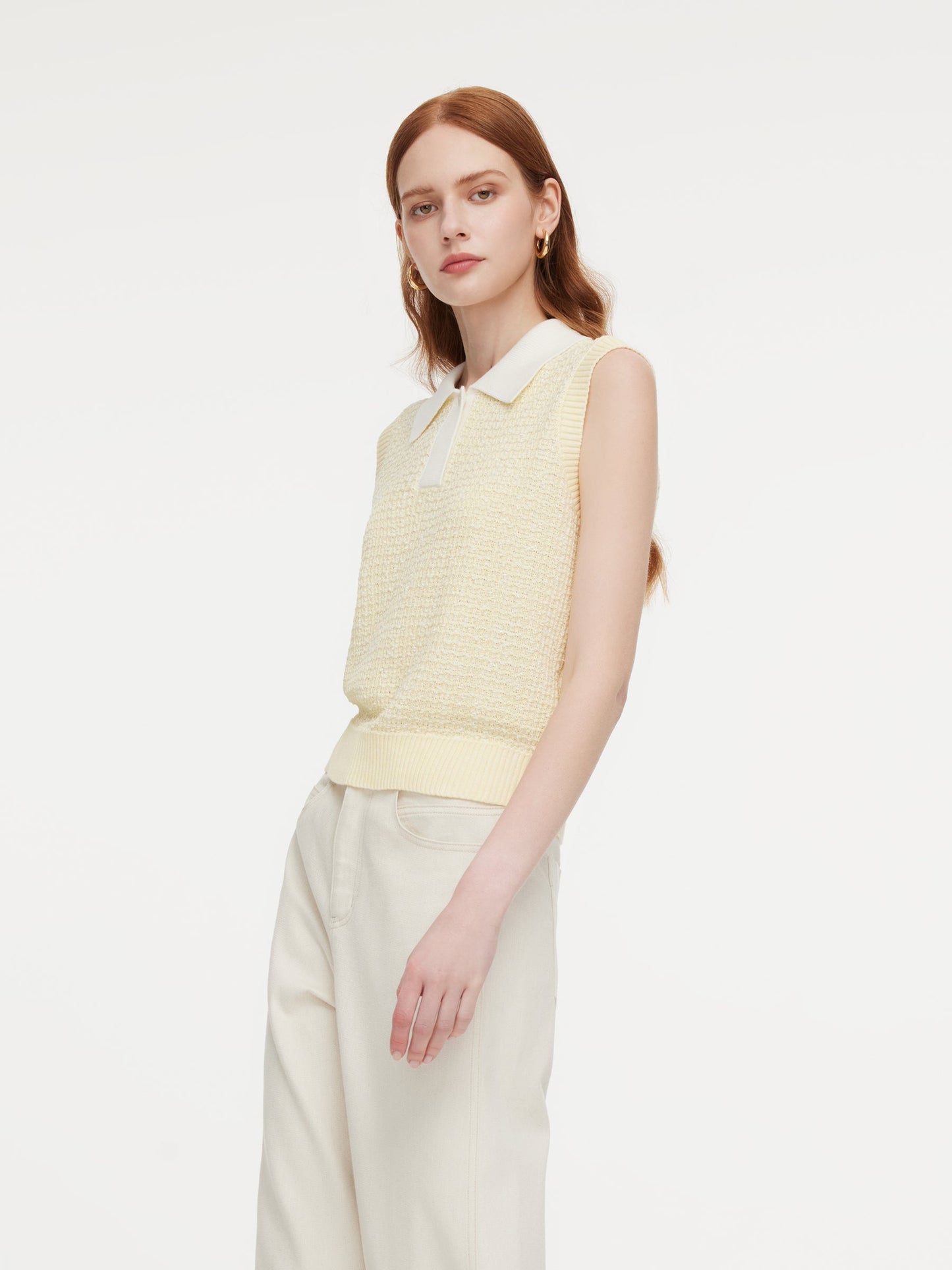 Contrast Collar Women Knit Polo Tank Top