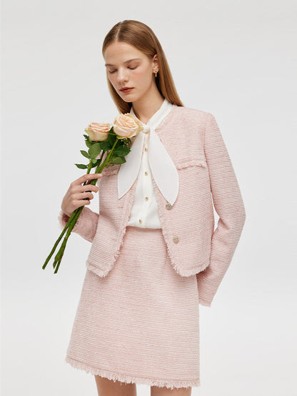 Tweed Collarless Women Crop Jacket