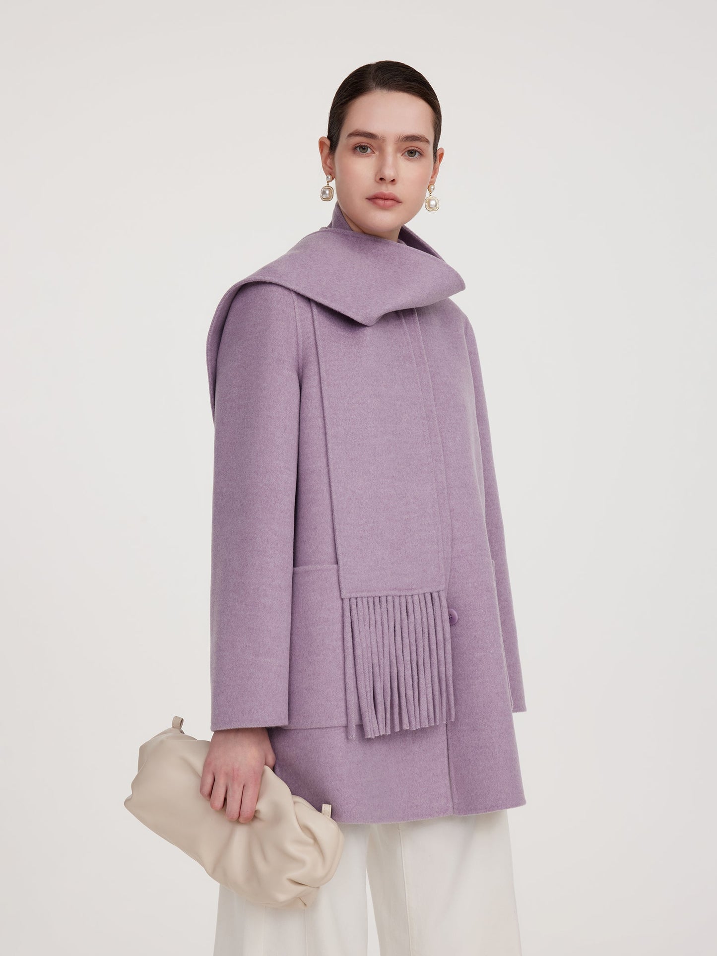 100% Wool Double-Faced Women Coat With Fringe Scarf
