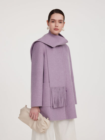 100% Wool Double-Faced Women Coat With Fringe Scarf