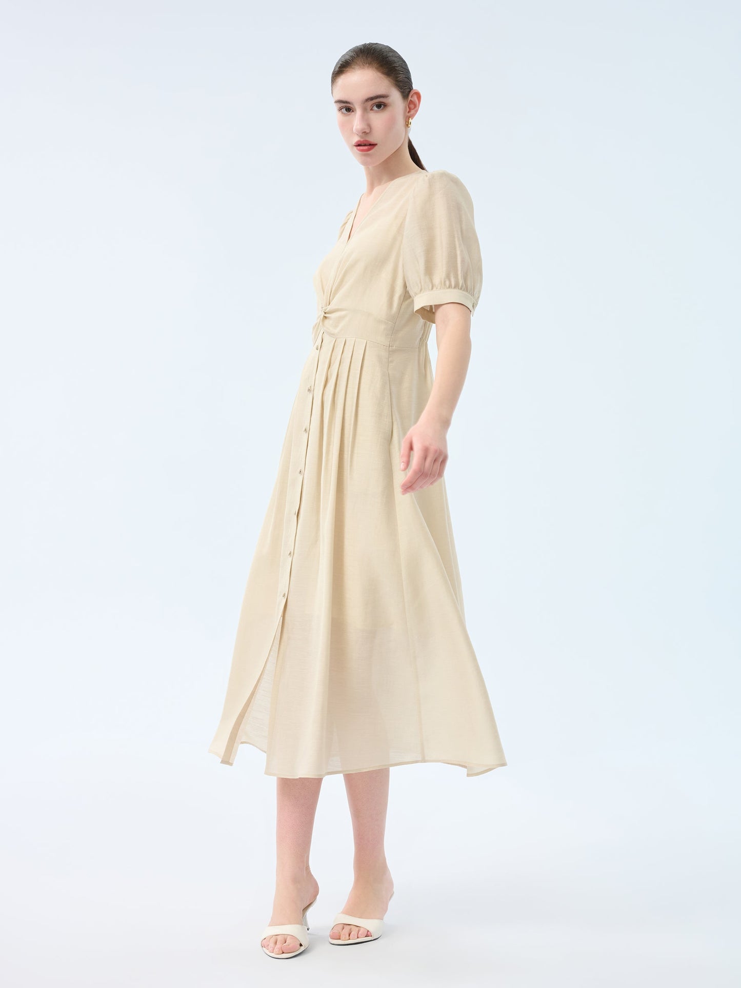 Tencel Acetate Linen Twist Front Women Maxi Dress