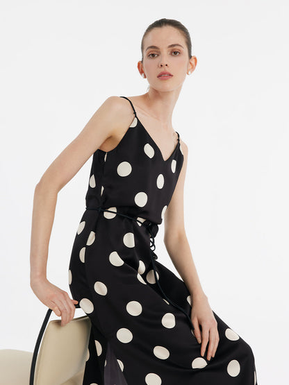Acetate Polka Dots Print Spaghetti Strap Women Midi Dress With Rose Belt