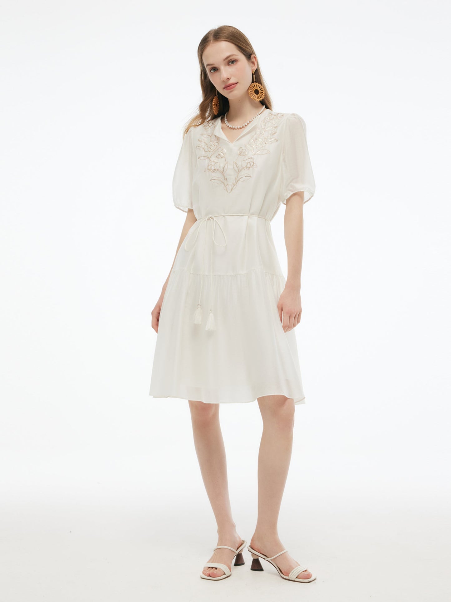 Pre-Order Tencel Blend Sequins Embroidered Women Midi Dress With Tie String Belt