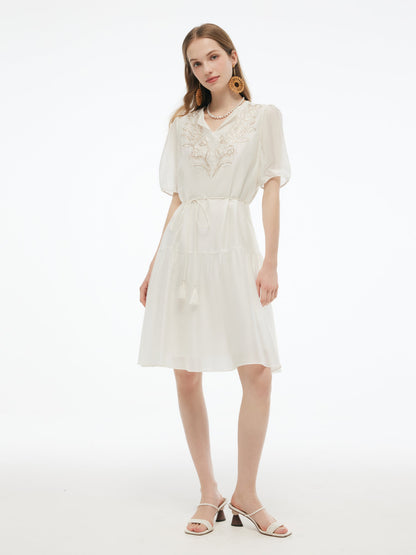 Pre-Order Tencel Blend Sequins Embroidered Women Midi Dress With Tie String Belt