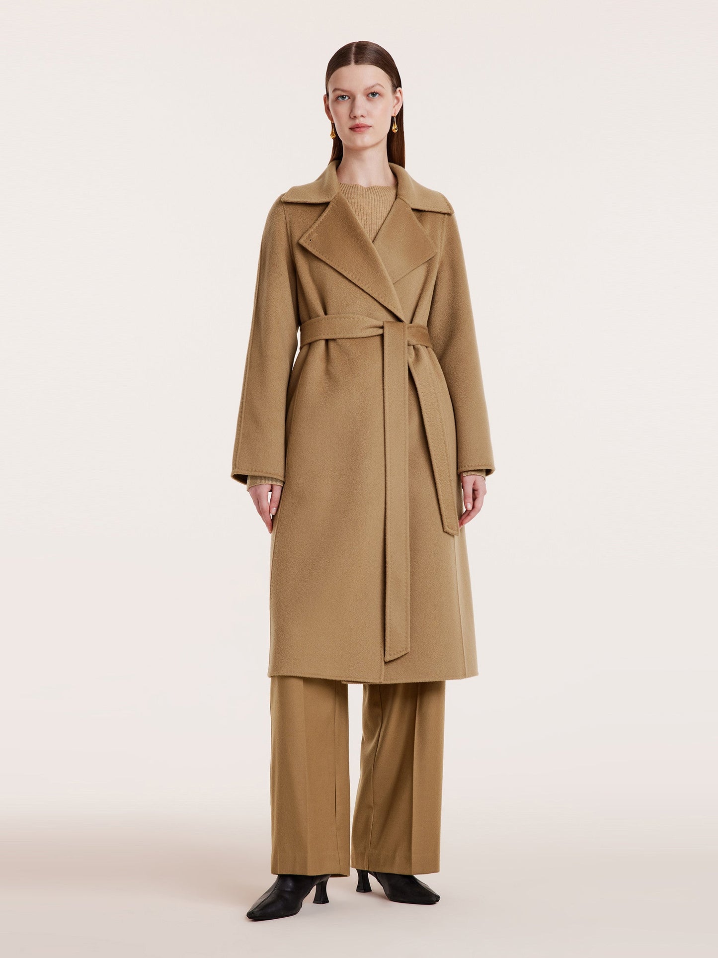 Camel Pure Cashmere Lapel Women Coat