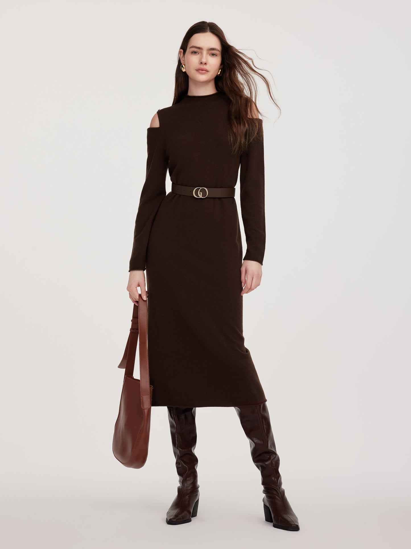 100% Wool Mock Neck Women Knit Maxi Dress