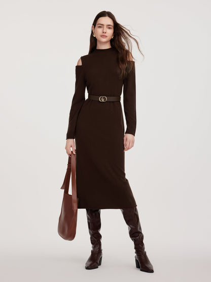 100% Wool Mock Neck Women Knit Maxi Dress