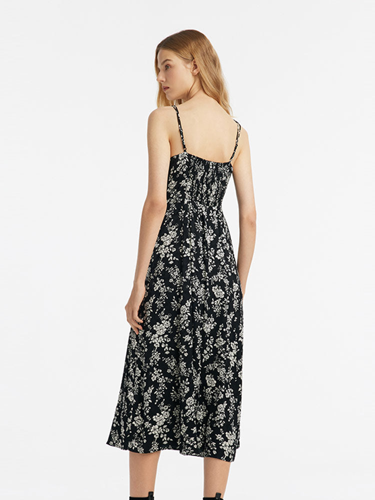 Camellia Print Spaghetti Strap Women Midi Dress