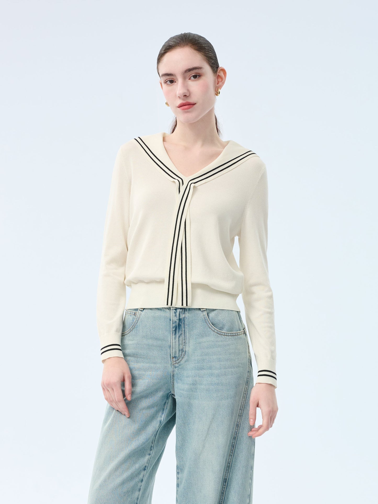 Tencel Blend Sailor Collar Women Knit Top