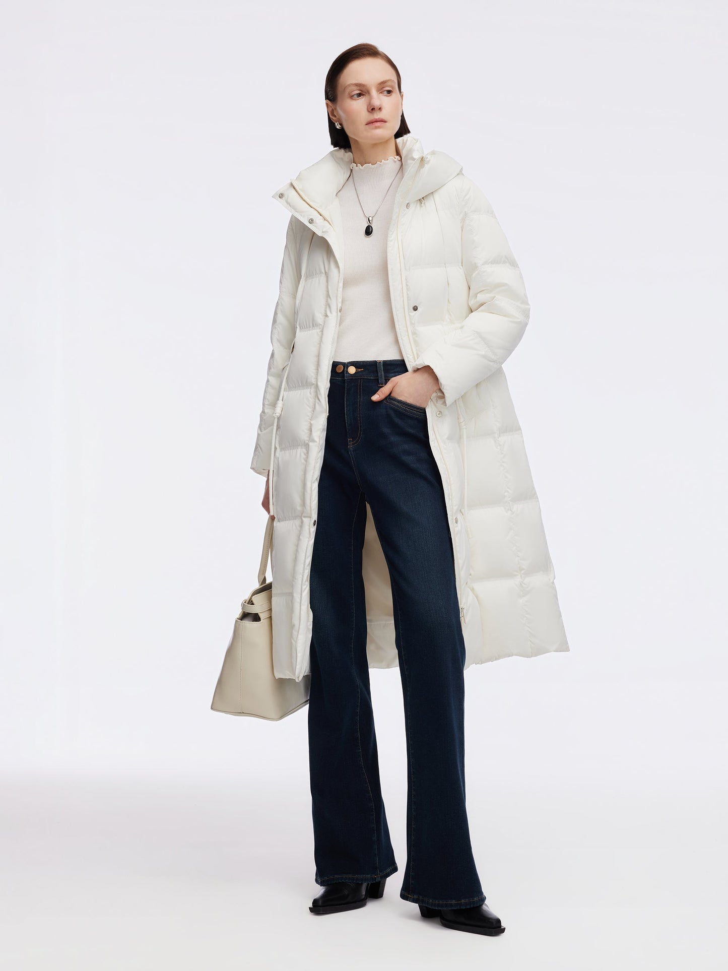 Drawstring Adjustable Waist Hooded Long Goose Down Coat