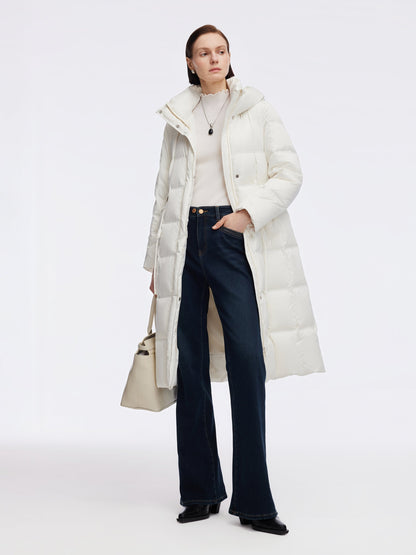 Drawstring Adjustable Waist Hooded Long Goose Down Coat