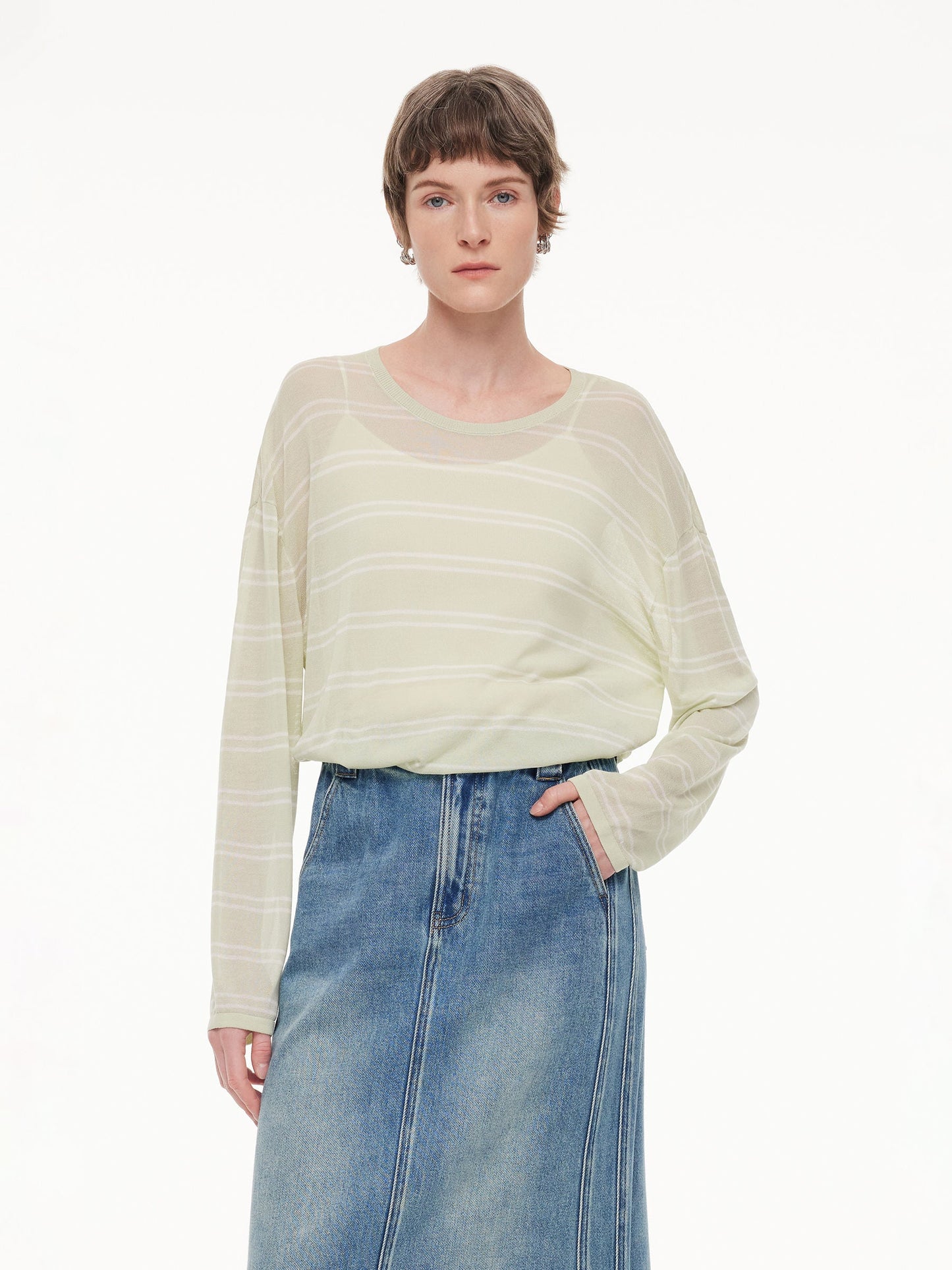 Lyocell Mulberry Silk Blend Stripe Women Knit Top