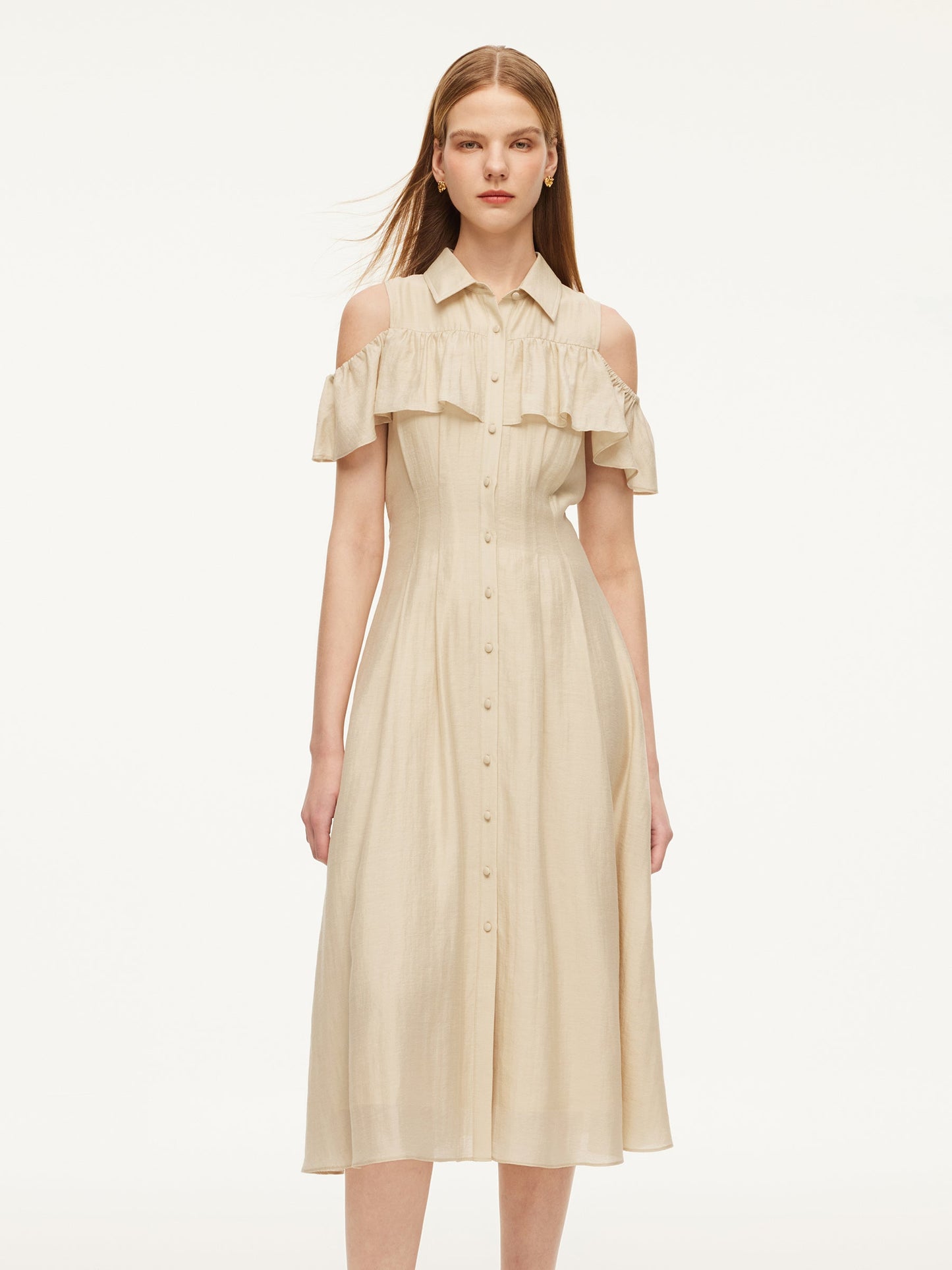 Tencel Acetate Linen Blend Cold Shoulder Women Maxi Dress