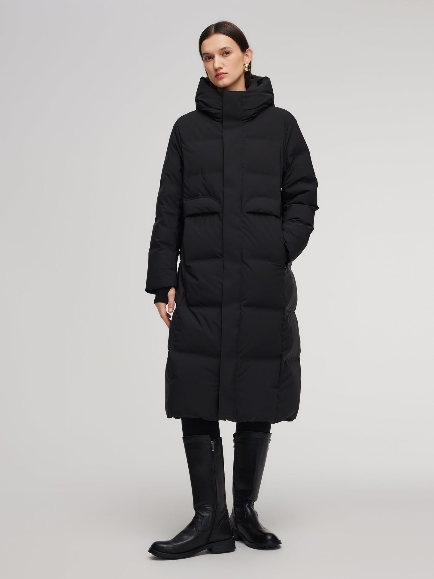 Thermal Tech Back Hooded Unisex Long Goose Down Coat