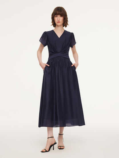 Tencel Blend Twist Front V-Neck Women Maxi Dress