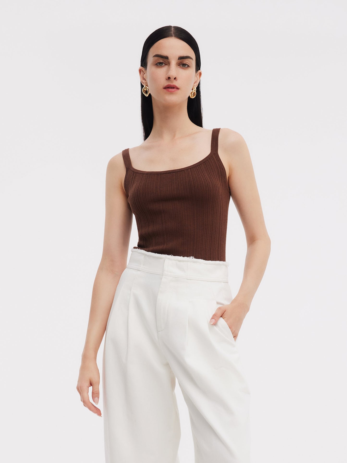 Linen Blend Openwork Pullover And Knit Tank Two-Piece Set