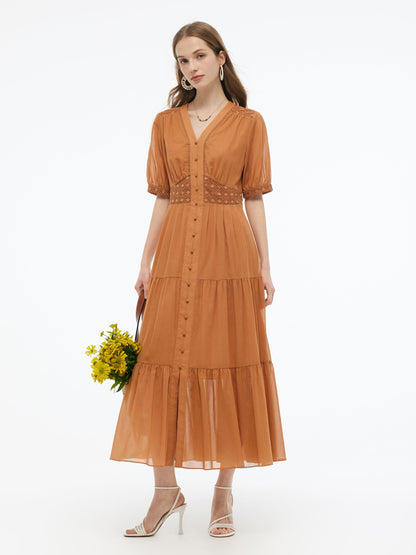 100% Cotton Patchwork Lace Embroidered Women Maxi Dress