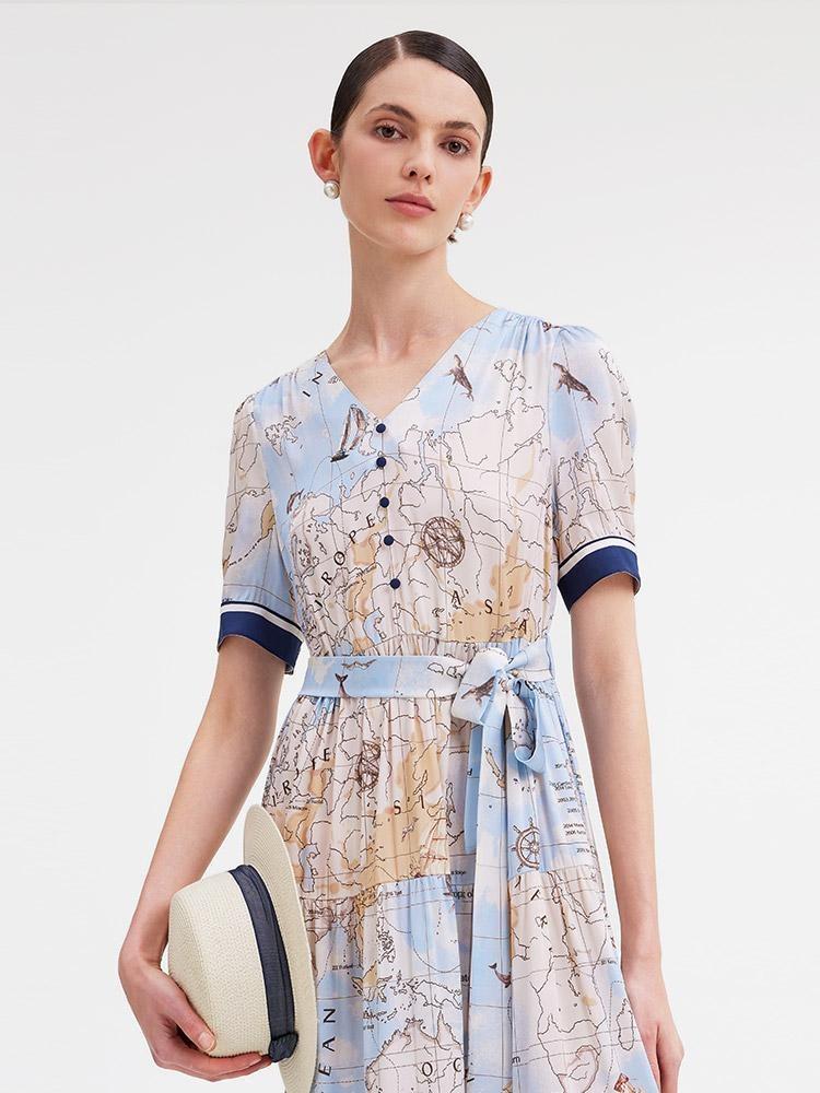19 Momme Silk Map Print Midi Dress
