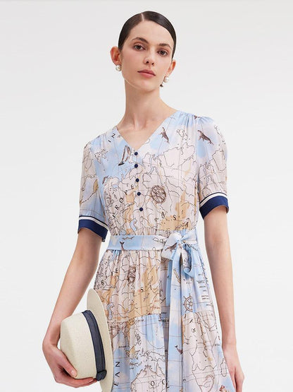 19 Momme Silk Map Print Midi Dress
