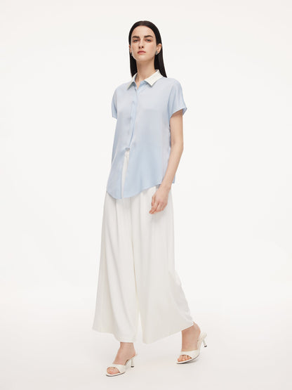 22MM Mulberry Silk Contrast Collar Tie Front Women Shirt