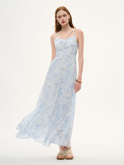 10MM Mulberry Silk Floral Print Women Strap Maxi Dress