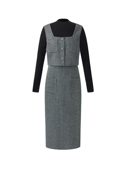 Washable Wool Vest Midi Dress And Knit Top Two-Piece Set