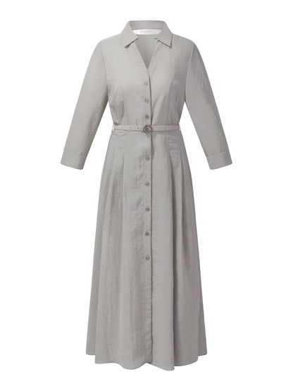 [Preview] Triacetate Blend Women Belted Maxi Shirt Dress