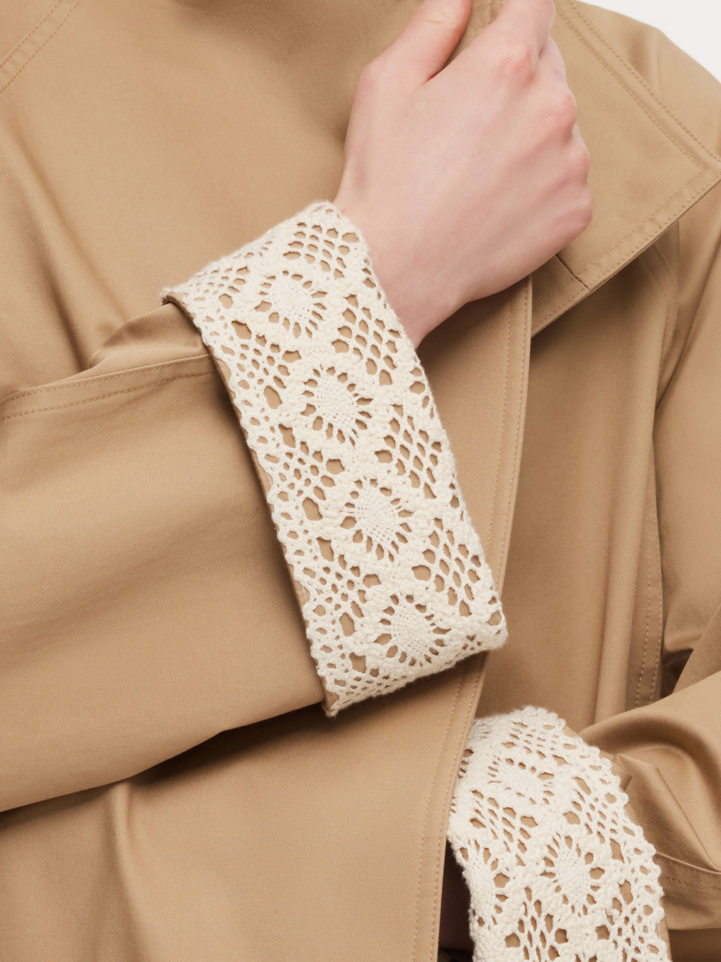 Cotton Stand Collar Lace Cuffs Women Self-Tie Belt Trench Coat