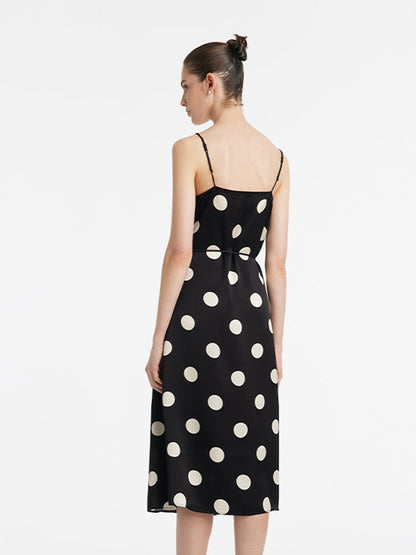 Acetate Polka Dots Print Spaghetti Strap Women Midi Dress With Rose Belt