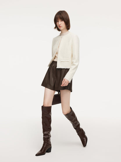 Tweed Round Neck Frayed Hem Women Cropped Jacket