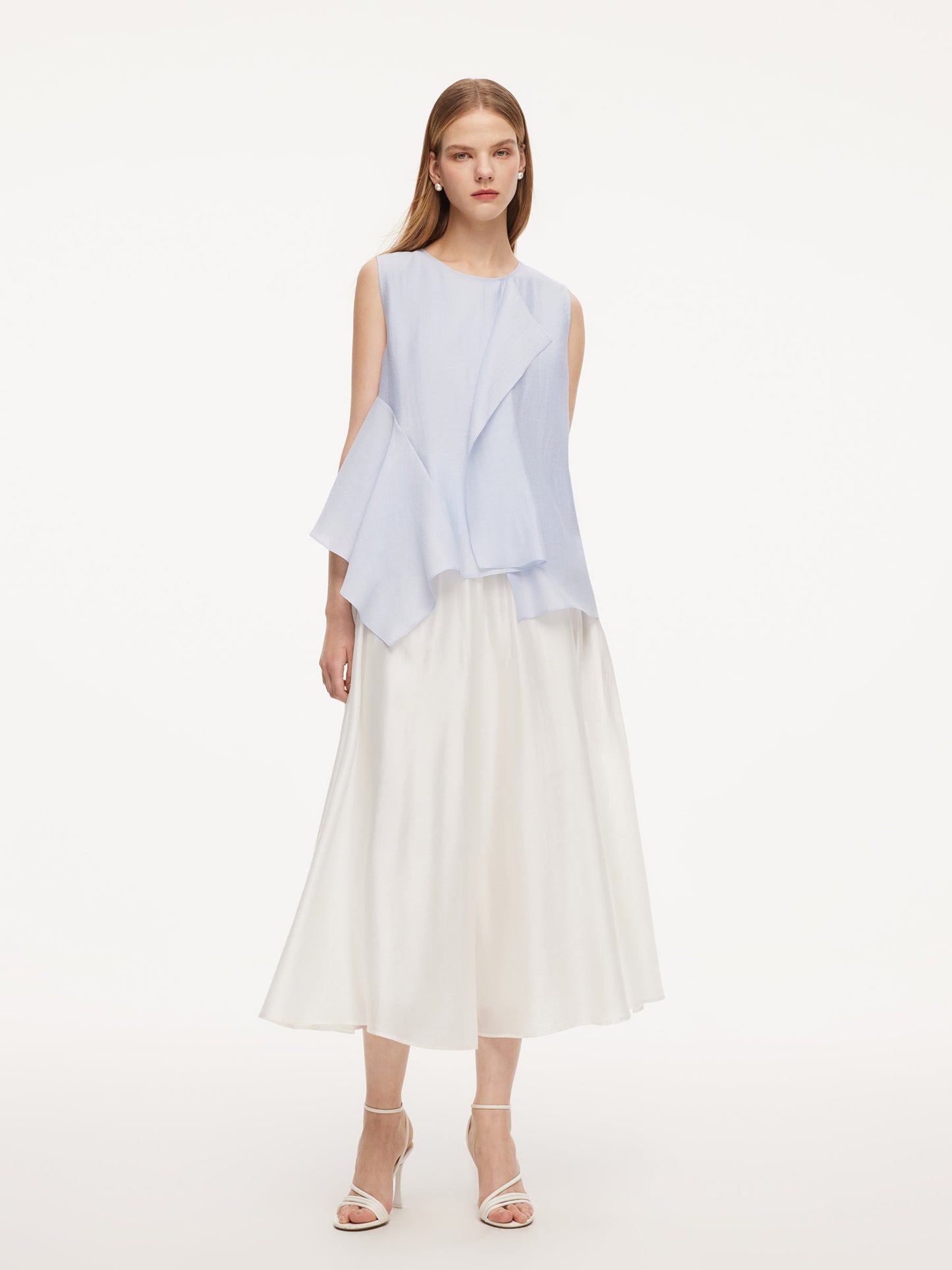 Lyocell Blend Light Blue Ruffle-Detailing Women Tank Top