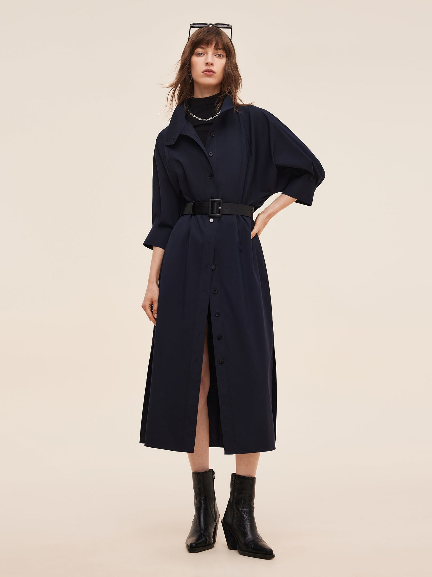 Adjustable Collar Women Trench Coat With Leather Belt