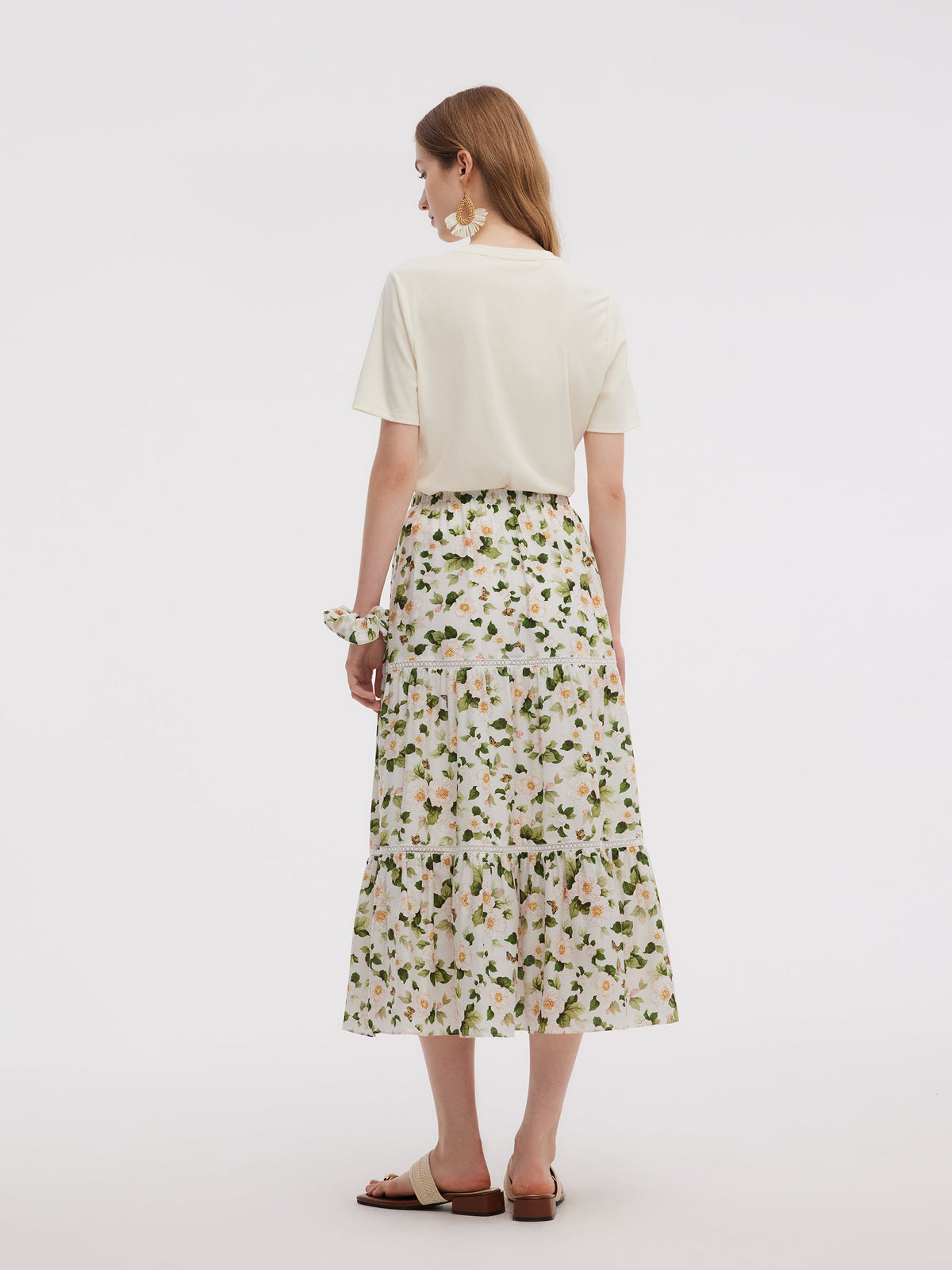 Acetate Blend Floral Print Women Tiered Skirt